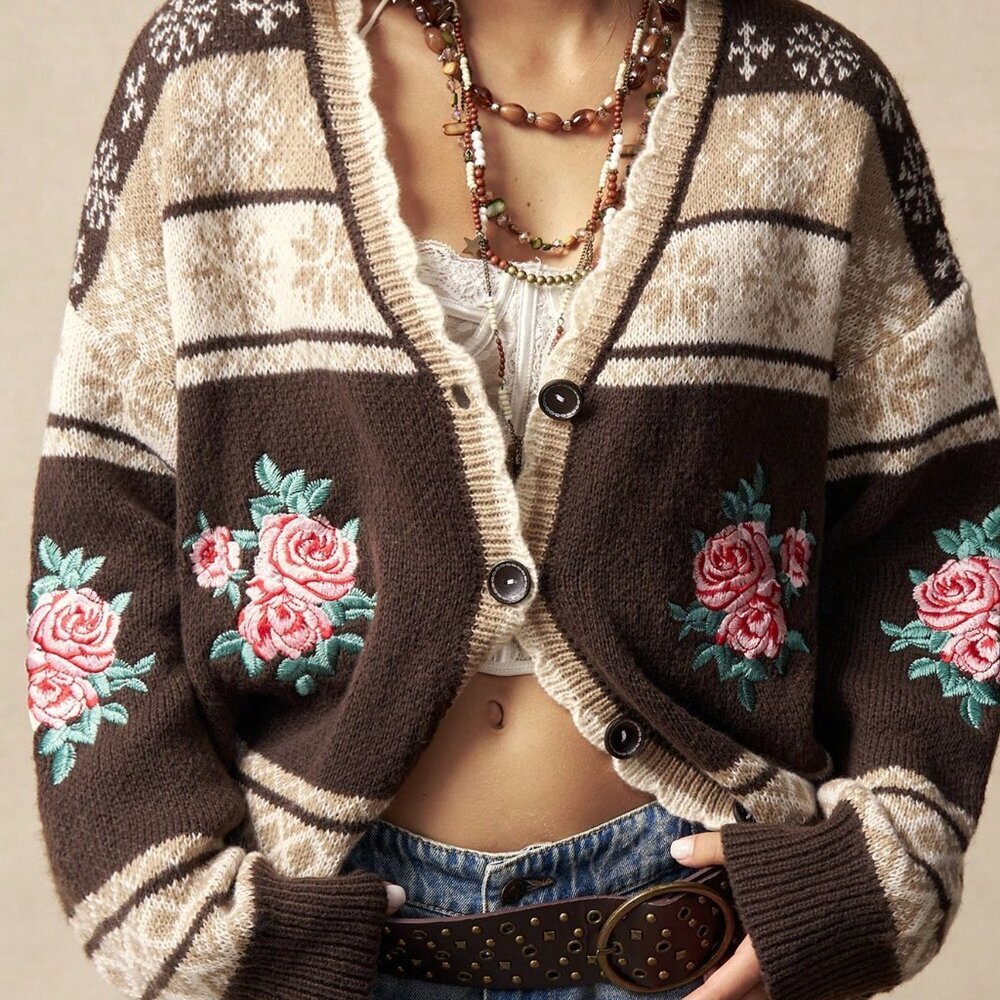 Mocha Brown Boho Women's Floral Embroidered Knit Jacquard Sweater Cardigan - Picture 5 of 8